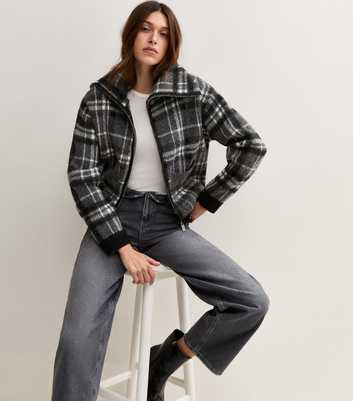 Grey Check Knit Folded Collar Bomber Jacket