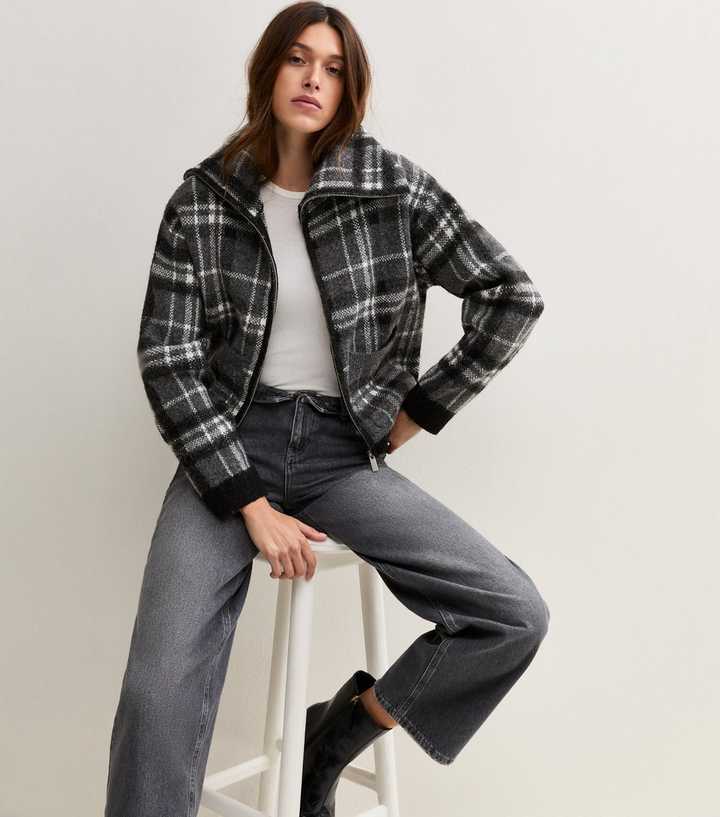 Grey Check Knit Folded Collar Bomber Jacket