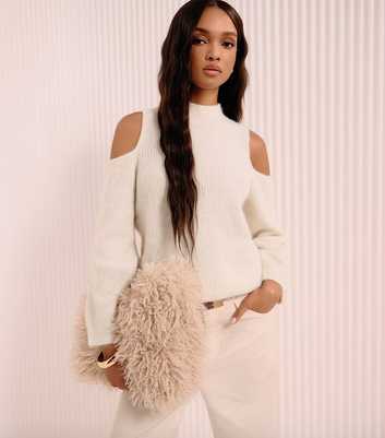 Cream Ribbed Knit Cold Shoulder Jumper with Wool