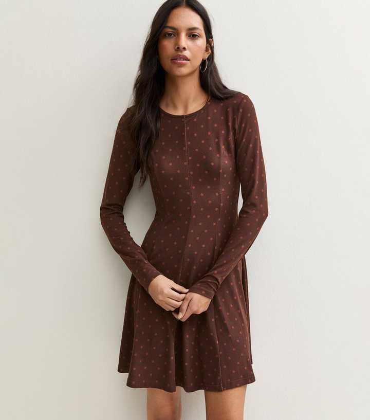Brown Polka Dot Long Sleeve Mini Dress