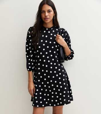 Black Polka Dot High Neck Balloon Sleeve Mini Dress