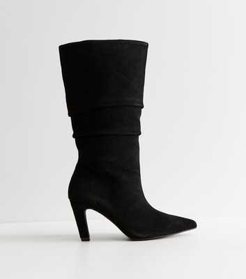Black Suede Mid Calf High Ruched Boots