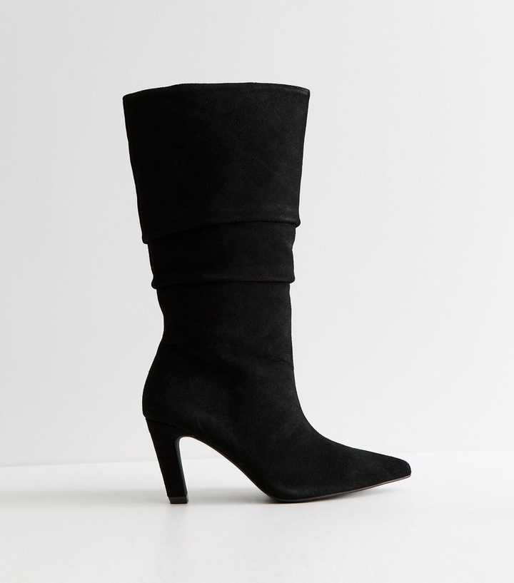 Black Suede Mid Calf High Ruched Boots