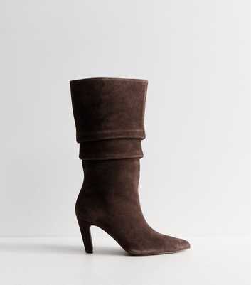 Dark Brown Suede Mid Calf High Ruched Boots
