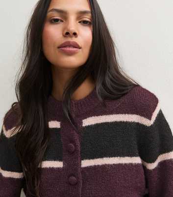 Purple Striped Knit Crew Neck Cardigan with Wool