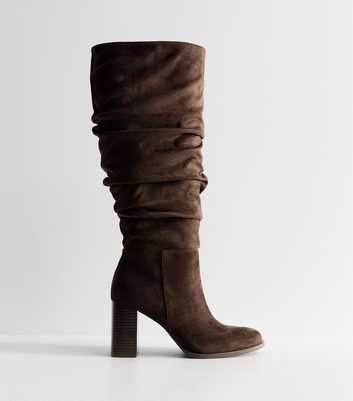 Dark Brown Faux Suede Ruched Calf Knee High Boots