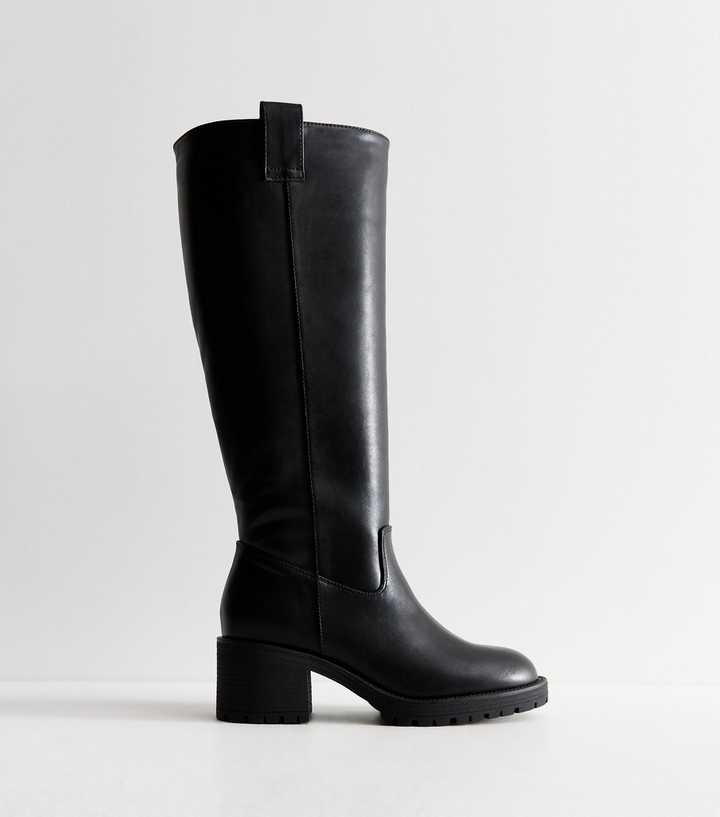 Wide Fit Black Faux Leather Cleated Heel Knee High Boots