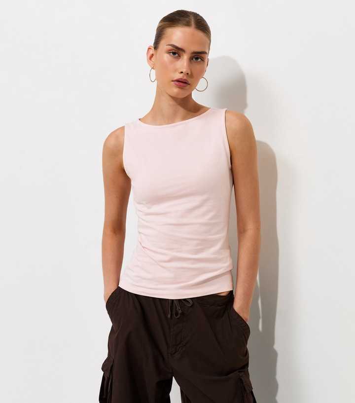 Pink Cotton Rich Jersey Boat Neck Sleeveless Top