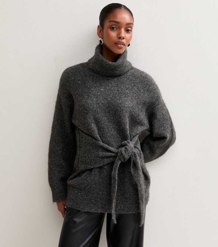 Dark Grey Knitted Tie Waist Roll Neck Jumper with Wool