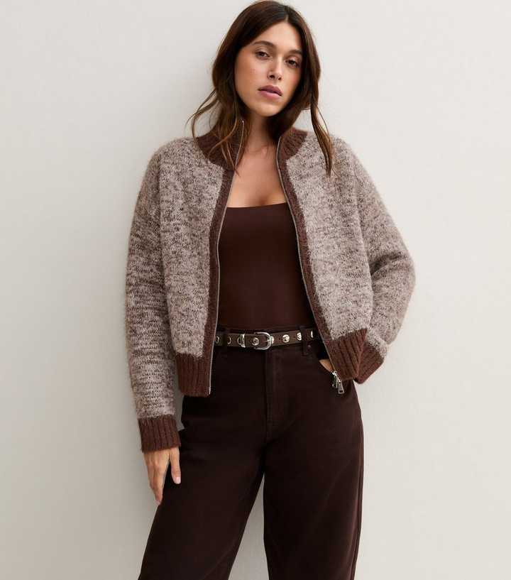 Dark Brown Twist Yarn Zip Through Cardigan