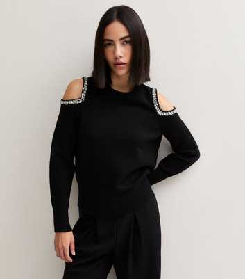 Black Embellished Cold Shoulder Knitted Jumper