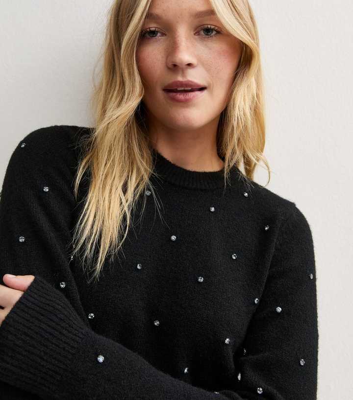 Black Knitted Diamante Stud Embellished Jumper