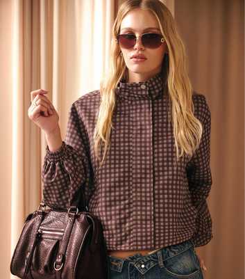 Brown Check Funnel Neck Windbreaker Jacket