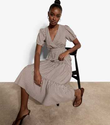 Apricot Brown Multi Stripe Tiered Midi Dress