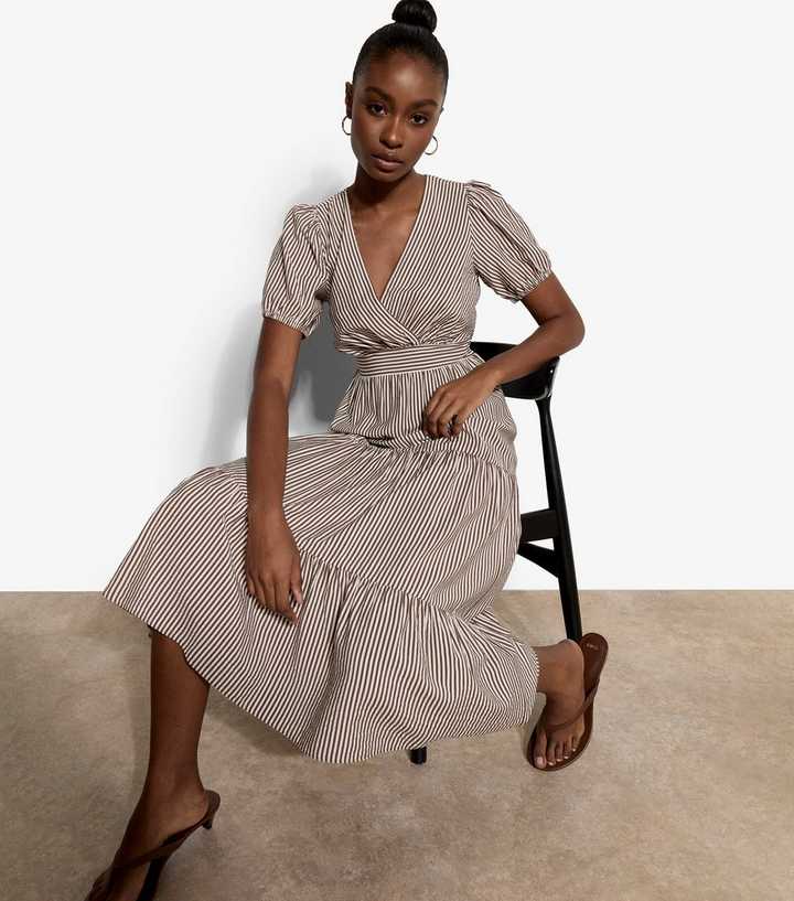 Apricot Brown Multi Stripe Tiered Midi Dress