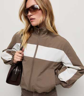 Brown Colour Block Zip Front Windbreaker Jacket