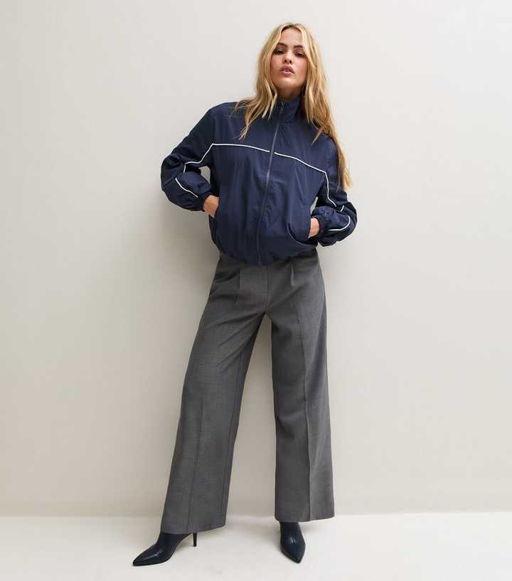 Navy Piped Trim Funnel Neck Windbreaker Jacket