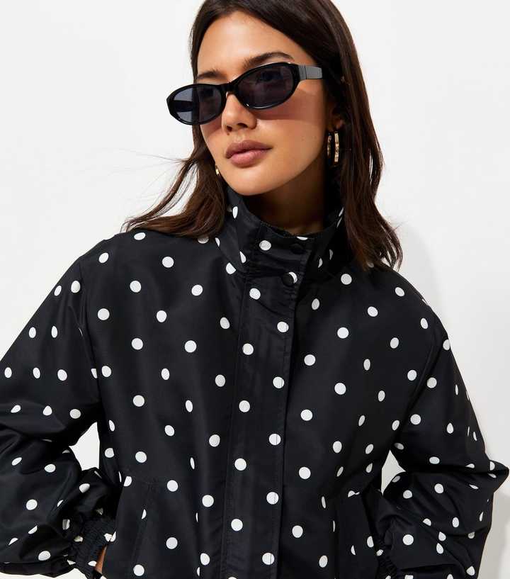 Black Woven Polka Dot Zip Up Windbreaker Jacket