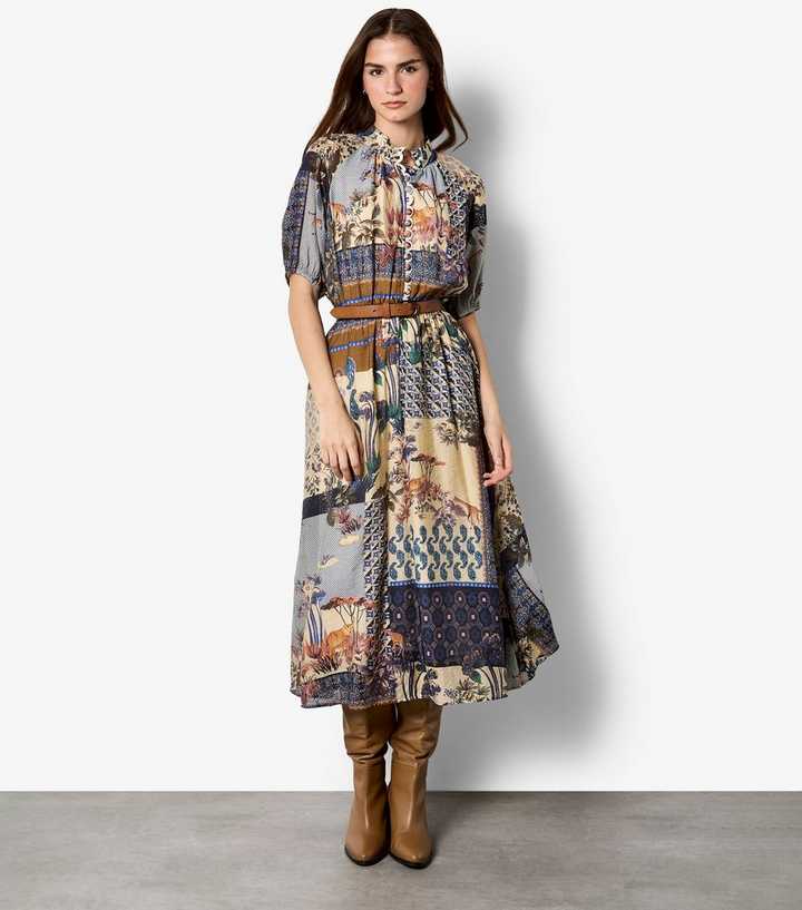 Apricot Blue Patchwork Print Midi Dress