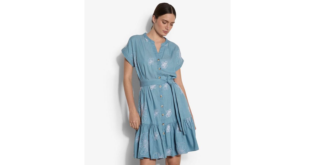 Apricot Light Blue Floral Embroidered Denim Button Mini Dress