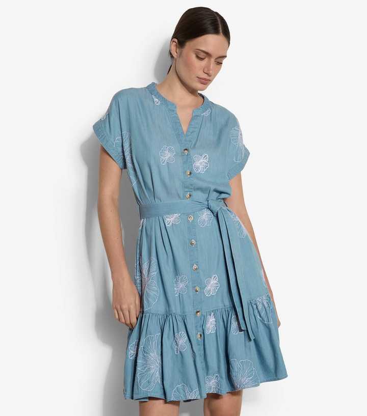 Apricot Light Blue Floral Embroidered Denim Button Mini Dress
