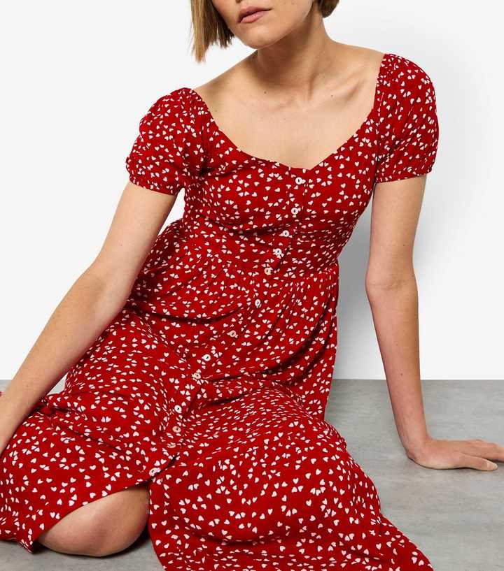 Apricot Red Heart Print Button Through Midi Dress