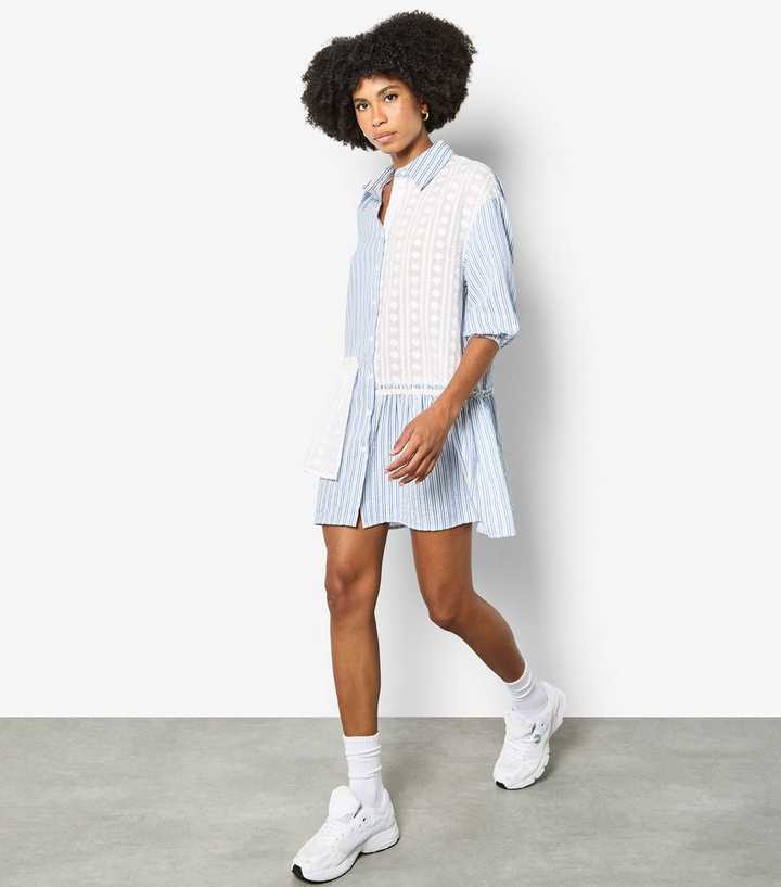 Apricot Blue Embroidered Stripe Patchwork Dress