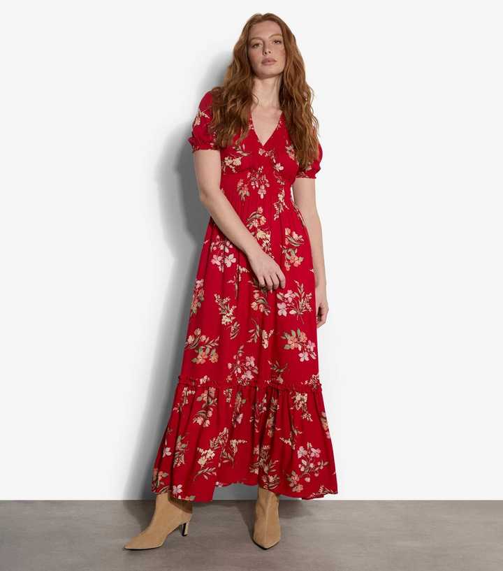 Apricot Red Floral Print Midi Dress
