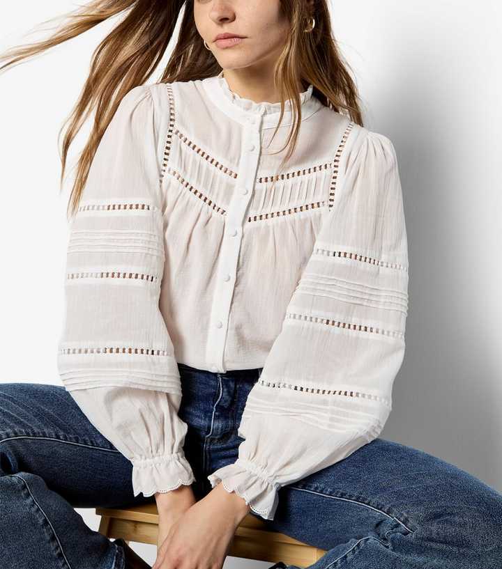 Apricot White Cotton Pintuck Puff Sleeve Shirt