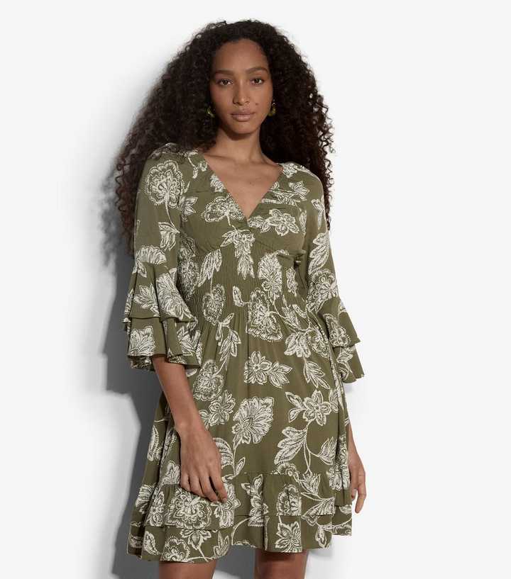Apricot Light Khaki Floral Print Smocked Waist Mini Dress