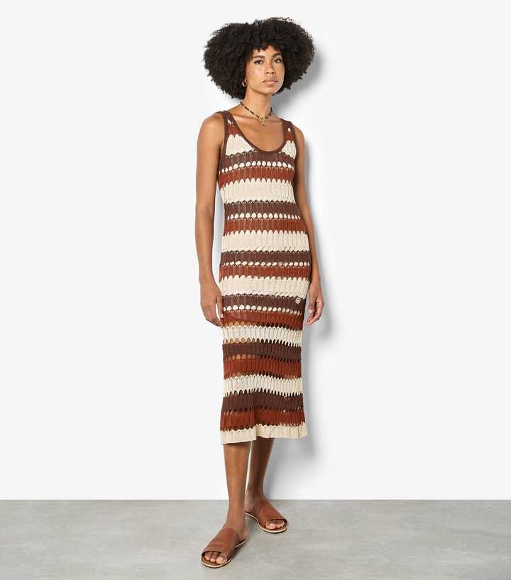 Apricot Brown Crochet Stripe Midi Dress