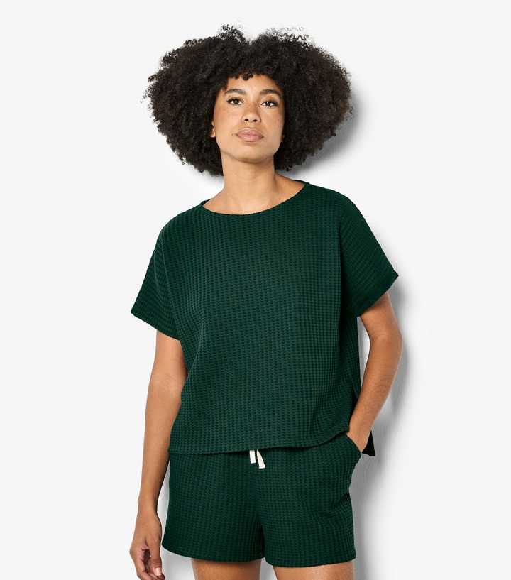 Apricot Dark Green Cotton Rich Waffle Texture T-Shirt
