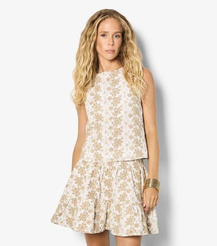 Apricot White Floral Embroidered Sleeveless Top