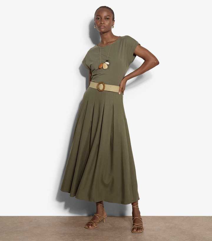 Apricot Dark Khaki Belted Midi Skirt