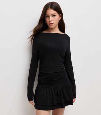 Girls Black Jersey Long Sleeve Rara Mini Dress
