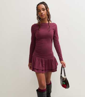 Girls Dark Burgundy Jersey Long Sleeve Rara Mini Dress