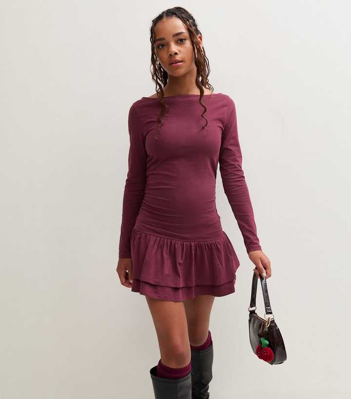 Girls Dark Burgundy Jersey Long Sleeve Rara Mini Dress