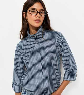 Navy Check Cropped Sleeve Funnel Neck Shirt