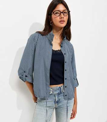 Navy Check Cropped Sleeve Funnel Neck Shirt