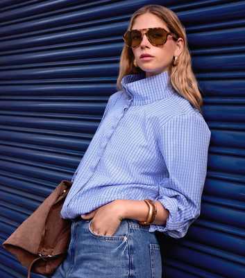 Bright Blue Check Cropped Sleeve Funnel Neck Shirt