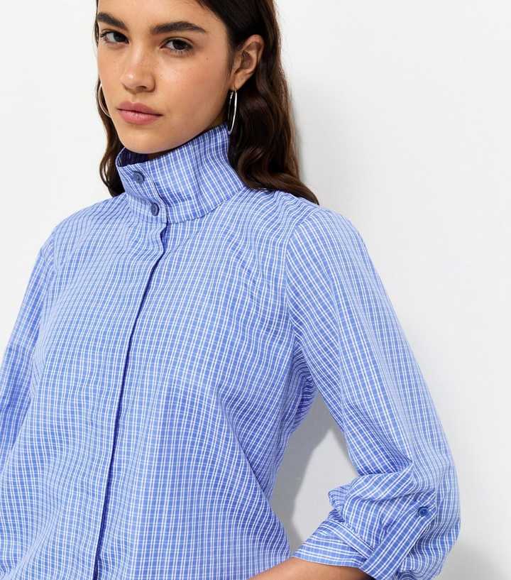 Bright Blue Check Cropped Sleeve Funnel Neck Shirt