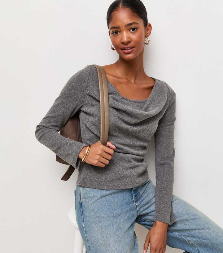 Dark Grey Soft Touch Cowl Neck Top