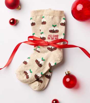 Oatmeal Cotton Rich Christmas All Good In The Pud Pattern Ankle Socks