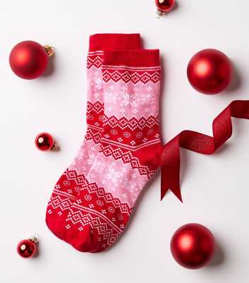 Red Cotton Rich Fair Isle Pattern Ankle Socks