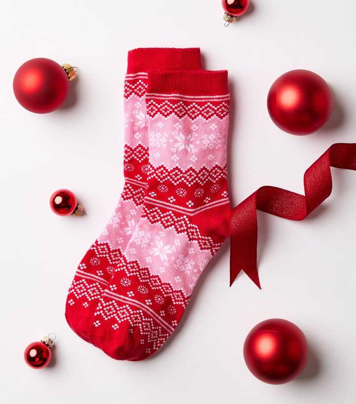Red Cotton Rich Fair Isle Pattern Ankle Socks