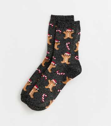 Black Metallic Christmas Gingerbread Pattern Ankle Socks