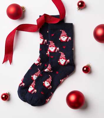Navy Cotton Rich Christmas Santa Pattern Ankle Socks