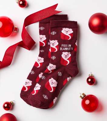 Dark Burgundy Cotton Rich Christmas Pigs In Blankets Ankle Socks