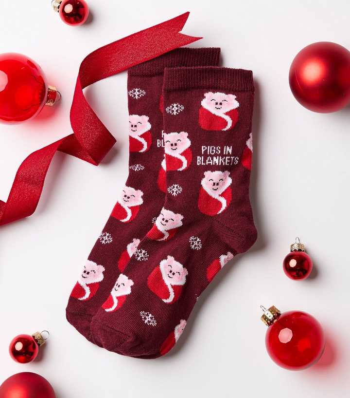 Dark Burgundy Cotton Rich Christmas Pigs In Blankets Ankle Socks