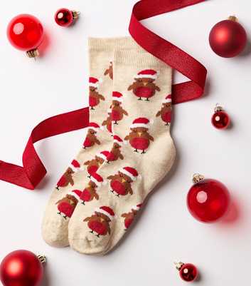 Oatmeal Cotton Rich Christmas Robin Patterned Ankle Socks
